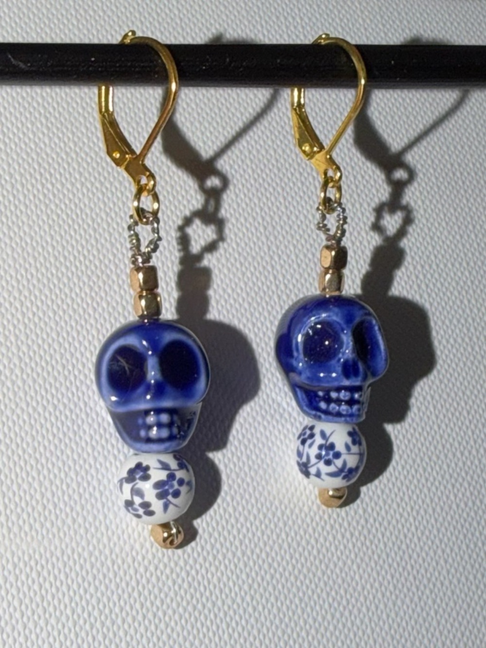 Handmade Blue Skull Drop Earrings with Floral Ceramic Beads